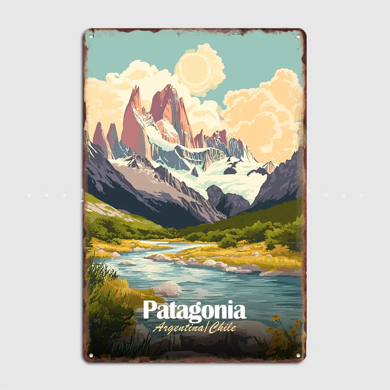 Póster de viaje con paisaje de Patagonia, Argentina, Chile, cartel metálico personalizado para decoración de bar, dormitorio, decoración de pared interior del hogar