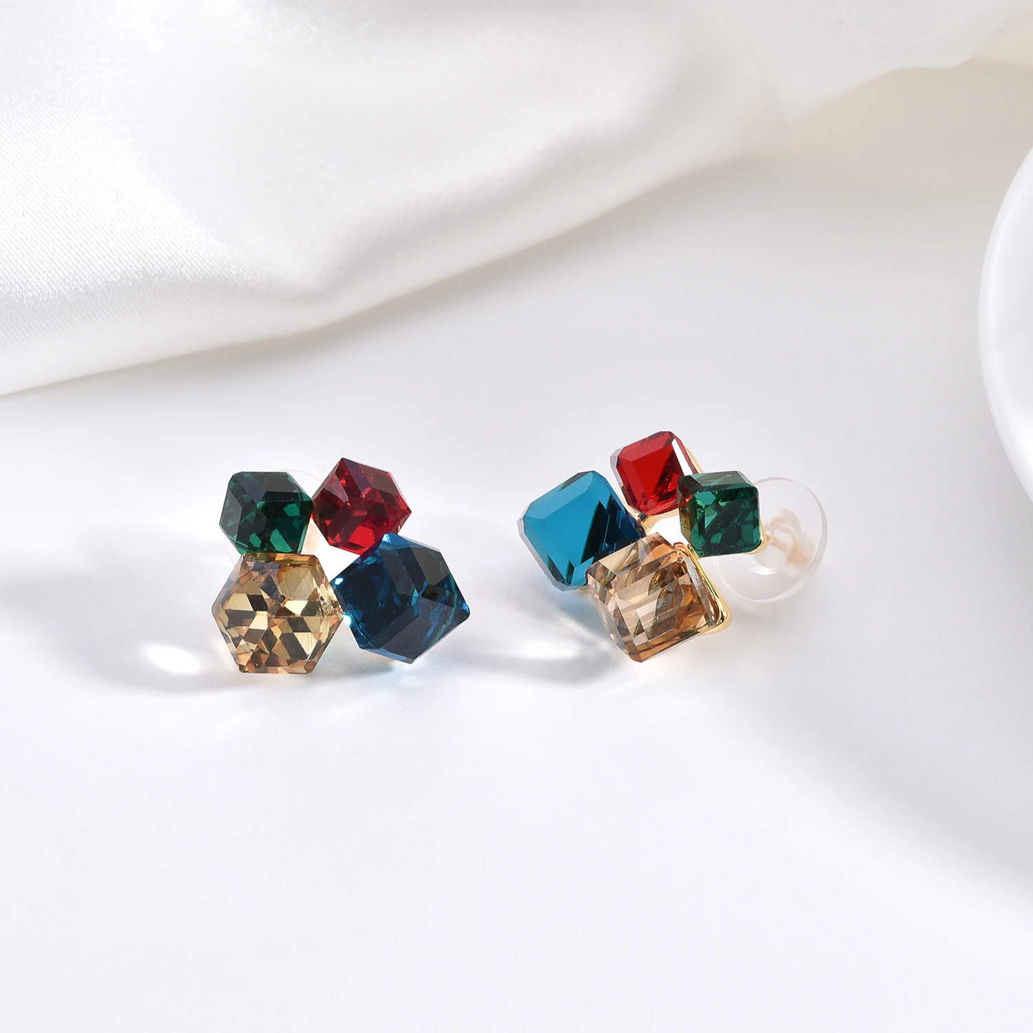 Kanberich 2024 Latest Colorful Crystal Blocks 18K Gold Plated Brass Women's Earrings Wholesale