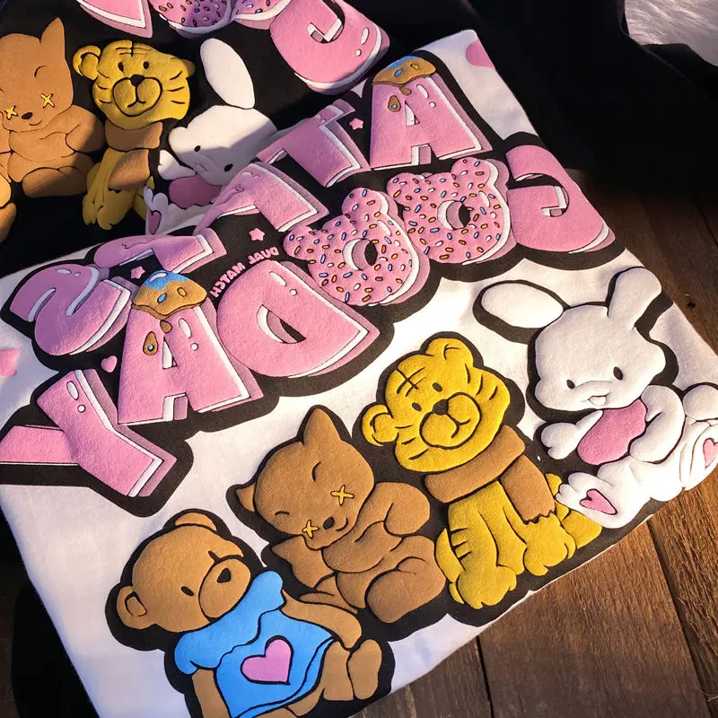الدب تي شيرت النساء Y2k بلايز قصيرة الأكمام الصيف Kawaii زوجين ارتداء نصف كم لطيف طالب علوي المتضخم تي شيرت للنساء
