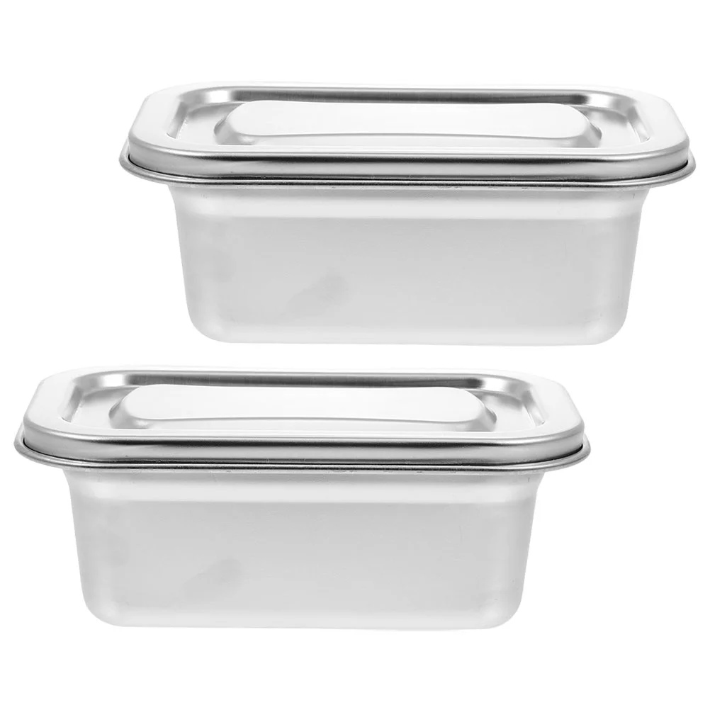 2 Pcs Steel Cover Ice Cream Sealed Box Child Lunchbox Fridge Boxes Stainless Bins Picnic Storage Supply