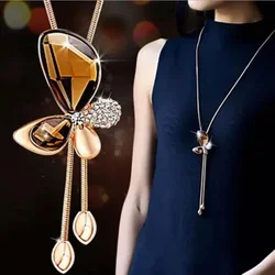 Crystal Butterfly Pendant Long Necklace for Women Classic Tassel Sweater Chain