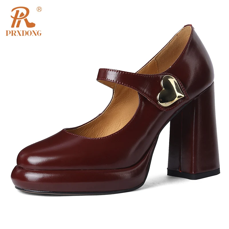 PRXDONG 2024 New Spring Genuine Leather High Heels Platform Black Wine Red Retro Mary Janes Dress Party Lady Pumps Rozmiar 34-39