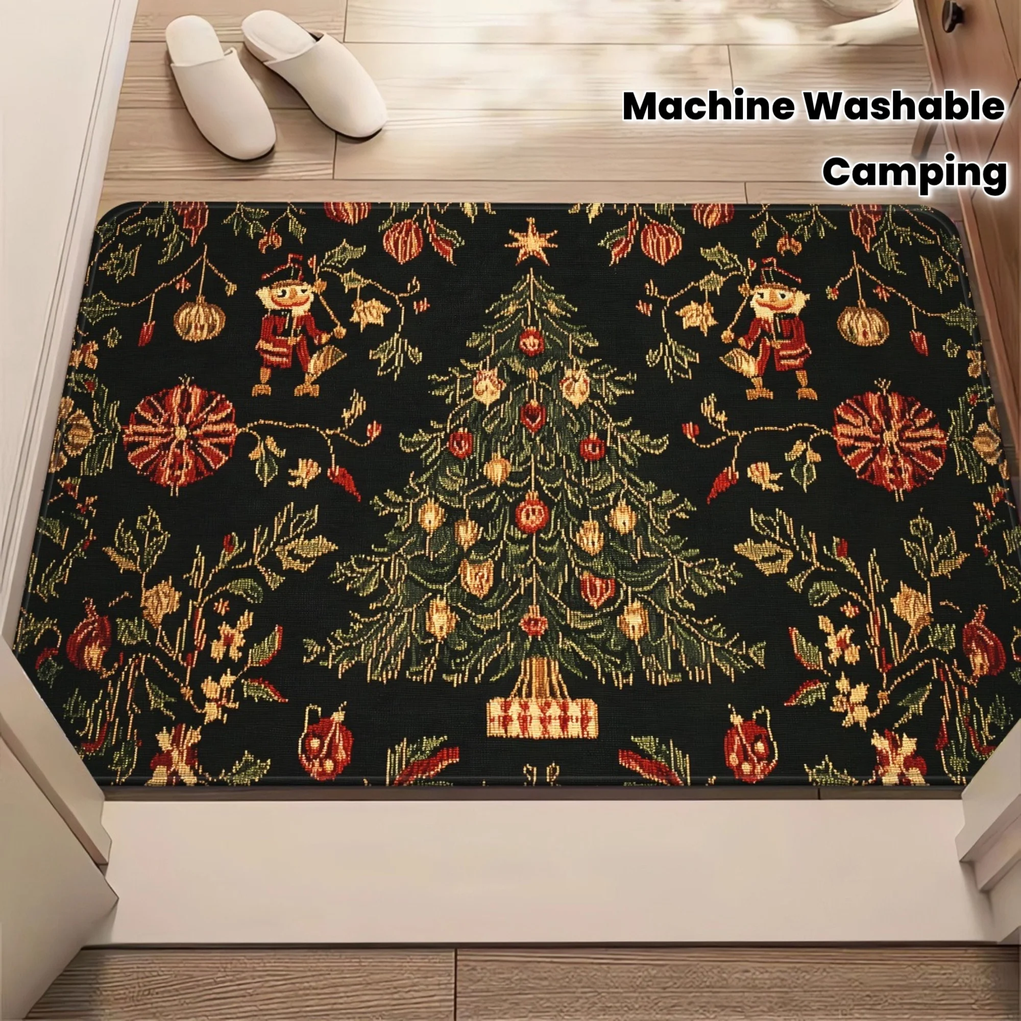 Red Base White Green Pine Tree Snowflake Repeat Pattern Anti Slip Indoor Front Entry doormat Simple Xmas Winter Home Decor