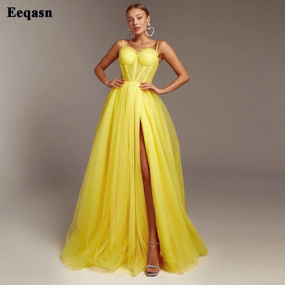 

Eeqasn Yellow Soft Tulle Long Formal Prom Dresses High Slit Pleats Evening Gowns 2022 Spaghetti Strap Wedding Party Dress