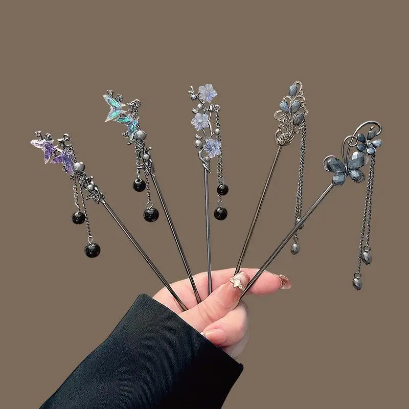 1Pc Bloem Haarspeld Neo-Chinese Stijl Haar Stokken Inkt Gekleurde Bloem Kwastje Haar Stok Voor Vrouwen Elegante Sieraden haar Accessoire