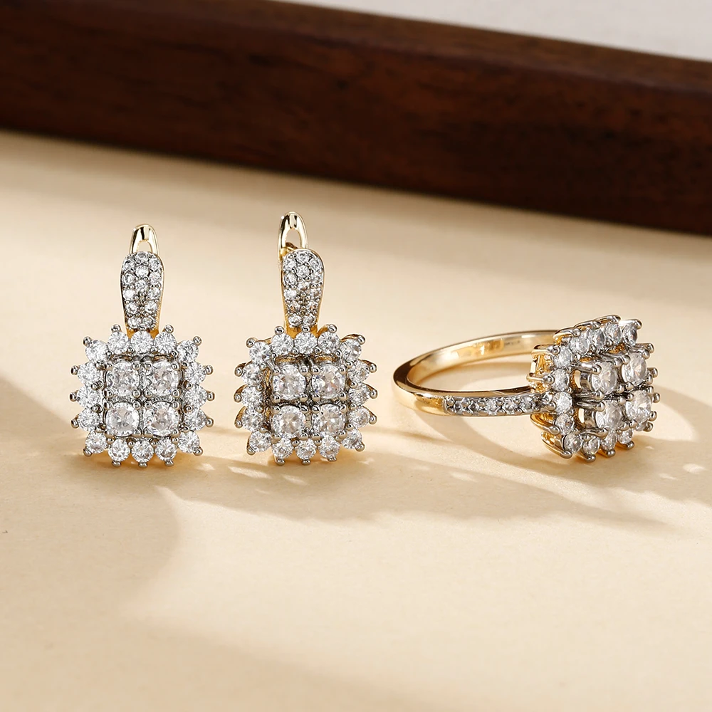 Shiny zircon earrings and ring set copper plated 14K gold exquisite fashion jewelry party holiday gift three-piece set