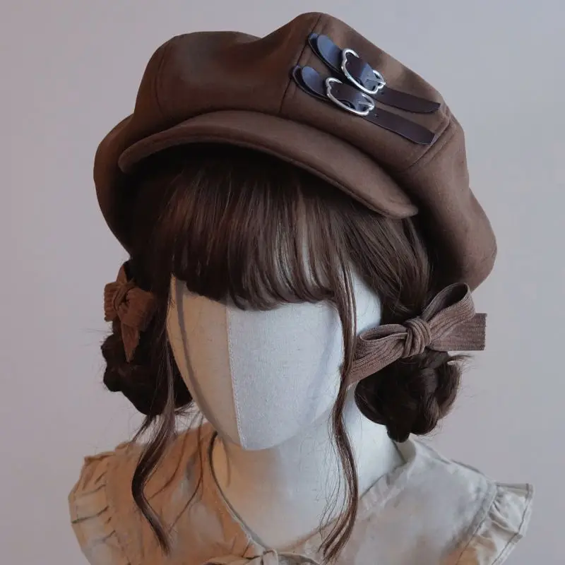 Kawaii Cloud Button Inlay Beret Spring And Autumn Small Warm Brown Japanese Duck Tongue Cap Sweet Sister Shopping Windproof Hat