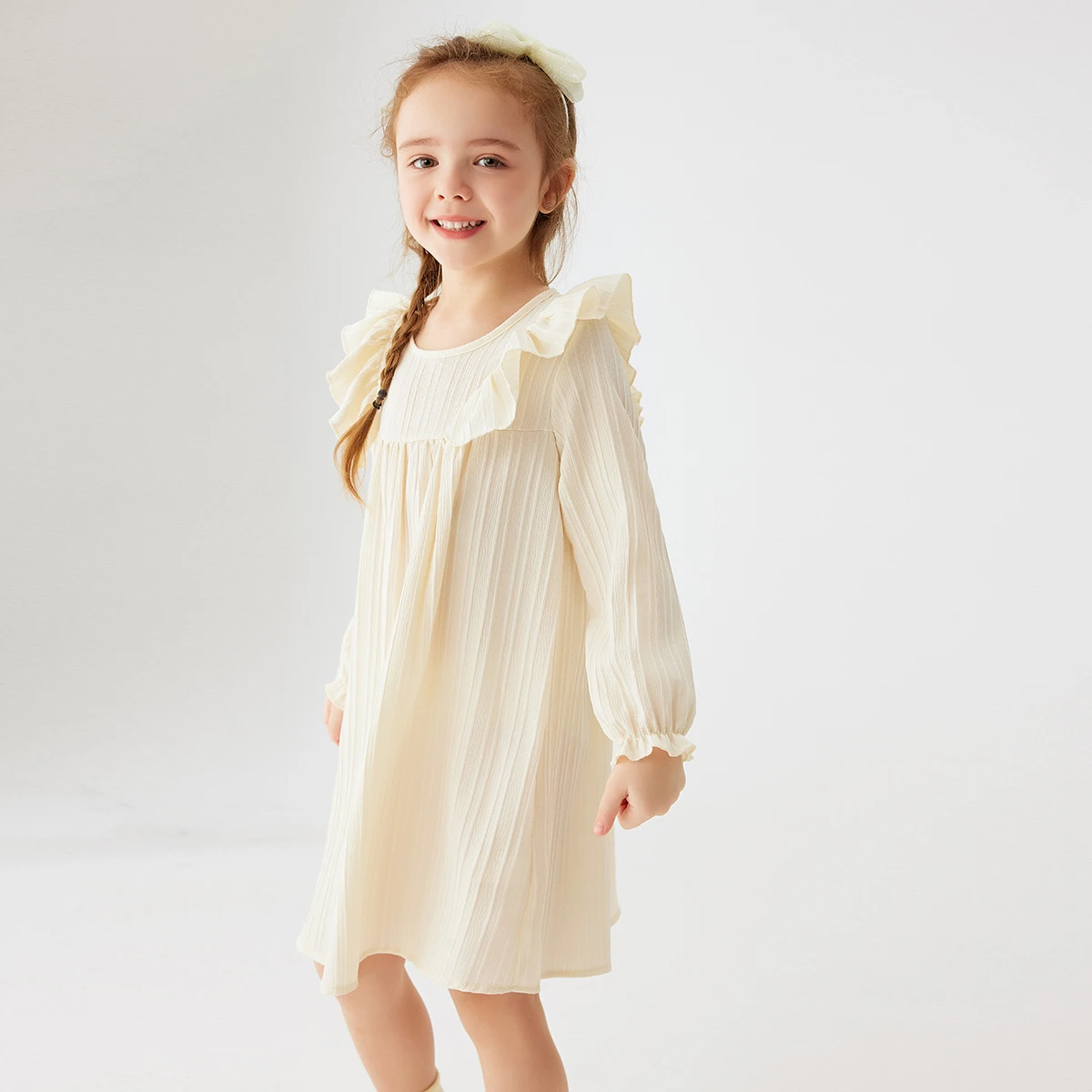 Le ragazze primaverili vestono 0-4Y Solid Ruffle Sleeve Sweet a-line abiti Toddler Girls manica lunga abito Casual autunno abbigliamento per bambini