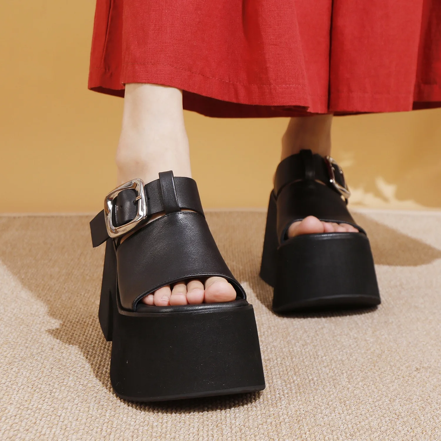 Birkuir Open Toe Super High Heel Platform Slippers For Women 11cm Thick Heel Slides Genuine Leather Slip On Outdoor Buckle Slide