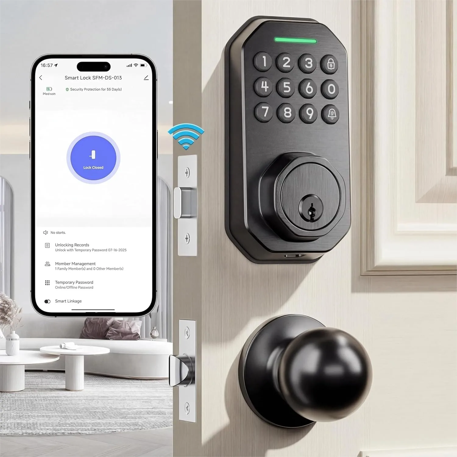 

Keyless Entry Door Lock Set with WiFi Smart App Control, Keypad Deadbolt for Front Door, Auto Lock and One-Time Codes, Easy