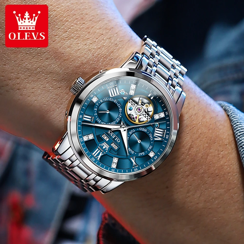 OLEVS 6701 Top Brand Original Men's Watch Dual Calendar Stainless Steel Hollow Flywheel Automatic Mechanical Wristwatch for Men