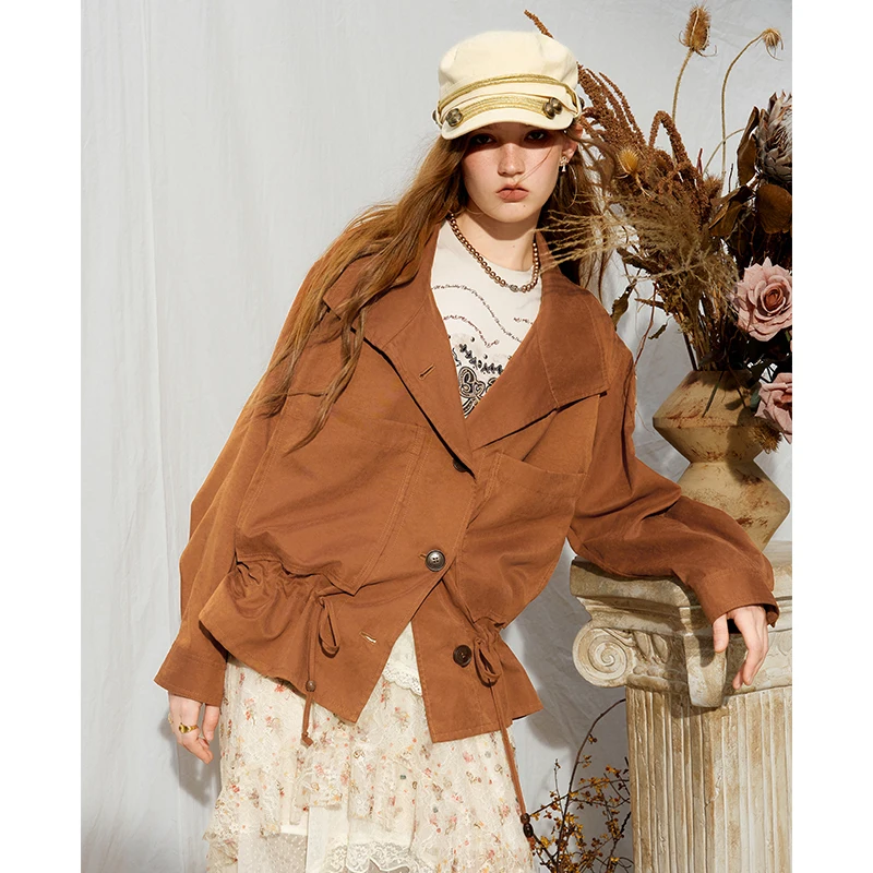 ELFSACK Women's Casual Short Jacket with Drawstring Hem, Lapel Collar Button Front Outerwear, Chic Daily Coat