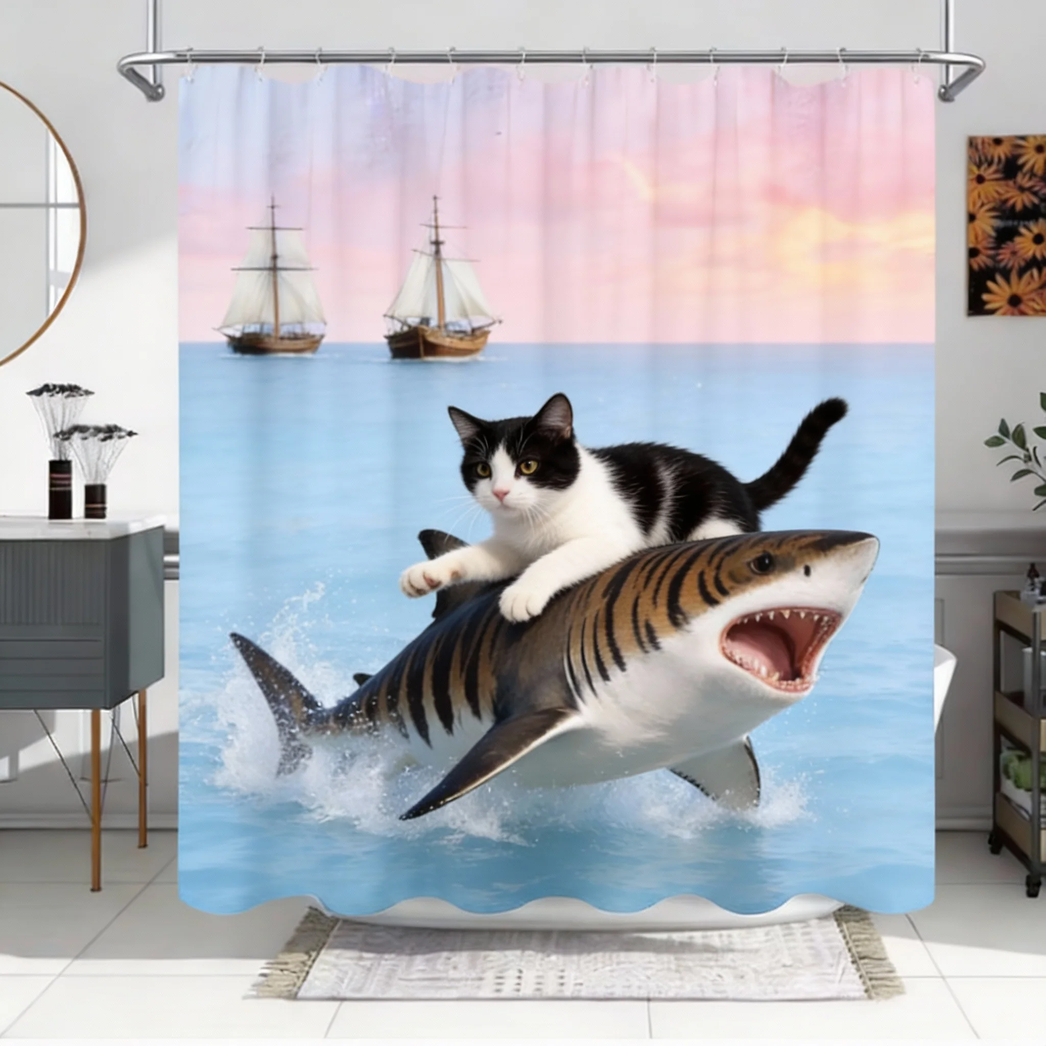 

Забавная занавеска для душа с изображением кота, катящегося на акуле, из полиэстера, с принтом, для домашнего декора, в уникальном стиле, с животной тематикой, для дизайна интерьера
