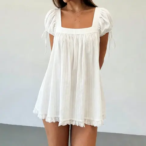 Bohemian Puff Sleeve Maternity Dress Women Square Neck A-line Mini Ruffled Dresses Fairy Vintage Loose Fit Flowy Short Dress