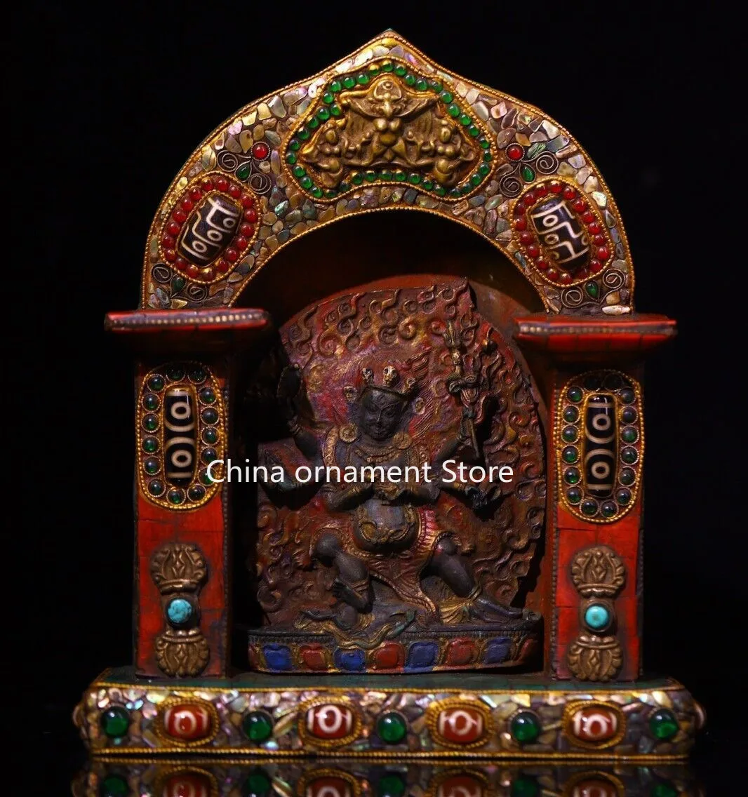 Old Tibet Buddhism Copper Gilt Painting Mahakala Wrathful Deity Buddha Statue