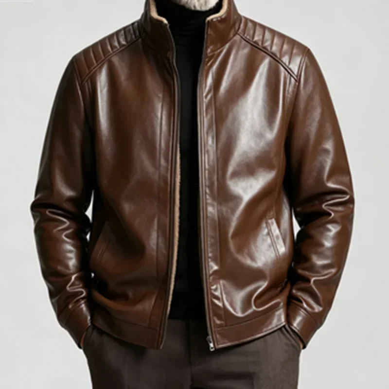Men Leather Jacket Winter Fleece Lined Biker Jackets Fashion Motorcycle Jacket Faux Leather Coat Outwear Casual Streetwear