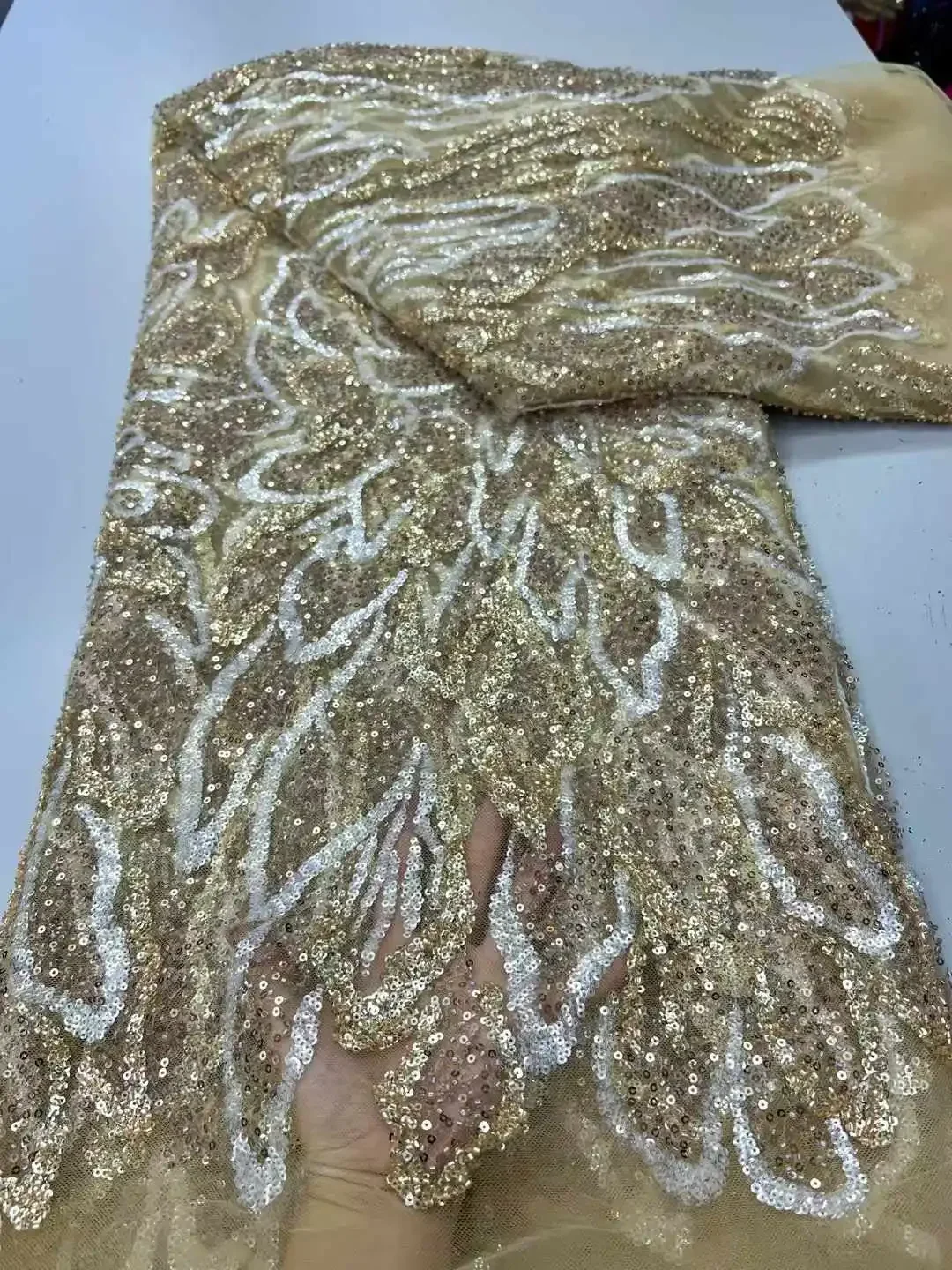

Many Sequins Beads Embroidery Fabric New African Fabrics 2025 Beaded Fabric African Gold Lace Fabrics Sequins for Sewing SZ729