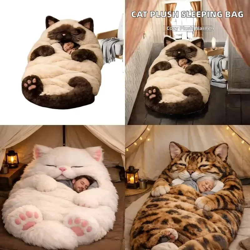 Plush Cat Print Envelope Sleeping Bag Velvet Fabric Indoor Winter Adult Size