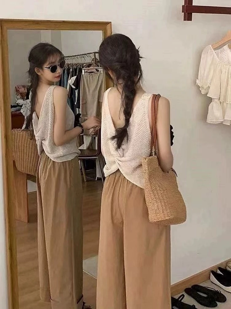 Sexy Knitted Backless Vest Strap Summer New Design Slim Fit Twist Sleeveless Top Hollow out Back Design Short Length Commute ...