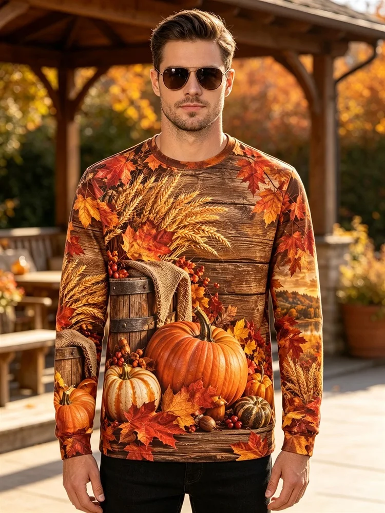 Men's Thanksgiving Pumpkin Maple Leaf Long Sleeve T-Shirt Fall Harvest Wheat Barrel Graphic Tee Pullover Tops Gift New Fashion