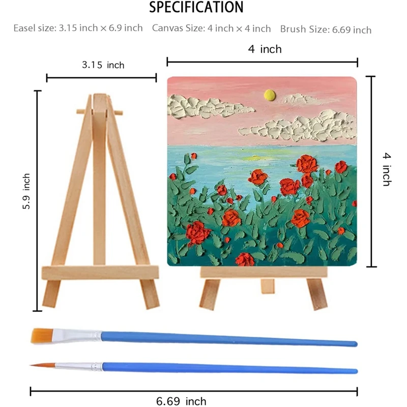 14Pcs Mini Canvas And Easel Brush Set, Canvas 4X4 Inch, Pre-Stretched Canvas, Mini Painting Kit, Kids Painting Party