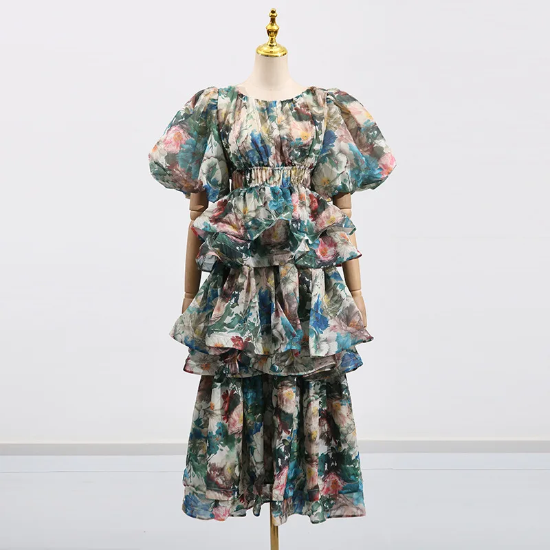ANJY Summer New Women Elegant Stylish High-End Multi-Layered Ruffle Print Long Dress Trend Fashion Waist-Slimming Dresses A20036
