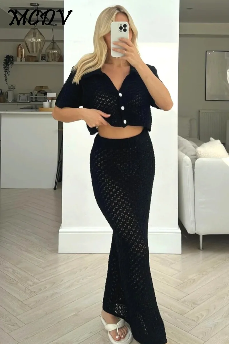 Women White Knitted Beach Two Piece Set 2024 Summer Short Sleeve Hollow Out Lapel Crop Top Shirts Sexy Long Skirt Beachwear Sets