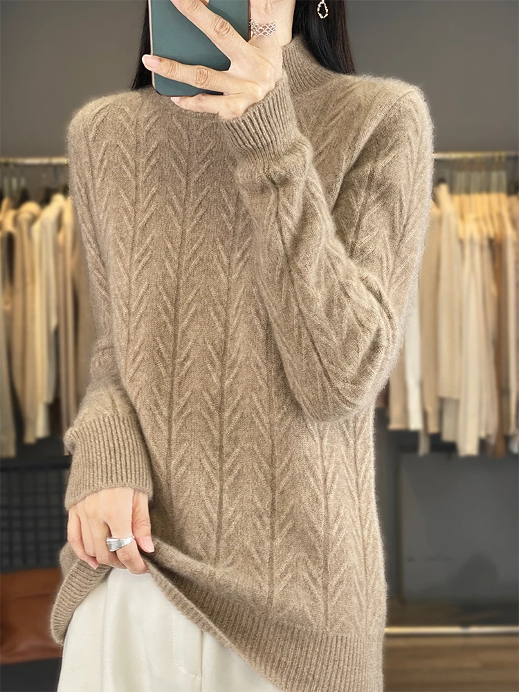 Autumn Winter 100% Merino Wool Women Mock Neck Sweater Wheat Ear Cable Knit Rib Trim Warm Loose Solid Casual Knit Pullover Top