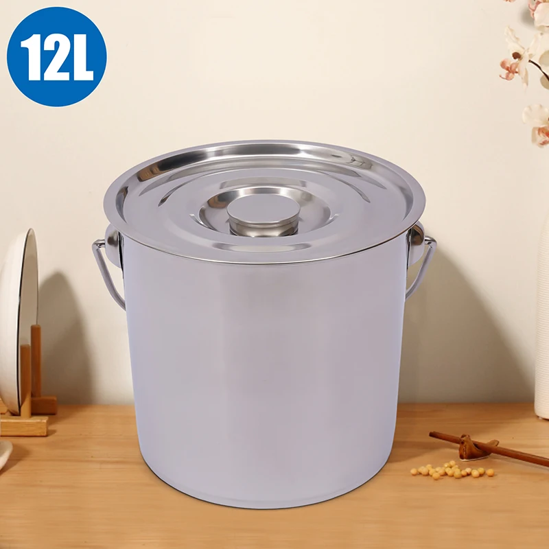 12L Extra Thick Food Water Bucket High-capacity Stainless Steel Bucket Storage Cover Kitchen Tools