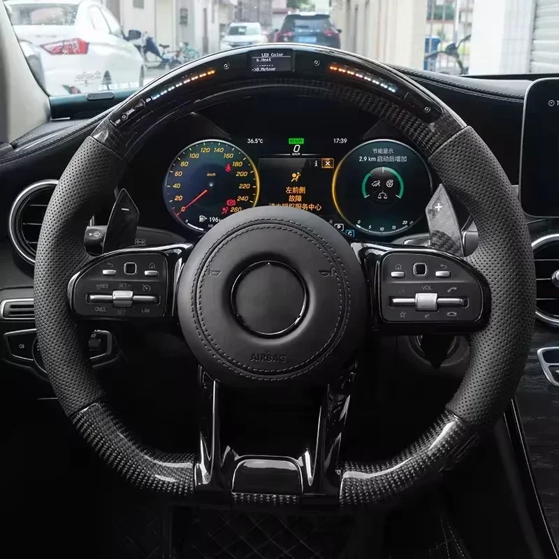 

With Piano Black Trim Half Perforated Leather Carbon LED Steering Wheel for Mercedes W204 W205 C180 W221 W222 W213 C43 C63 AMG