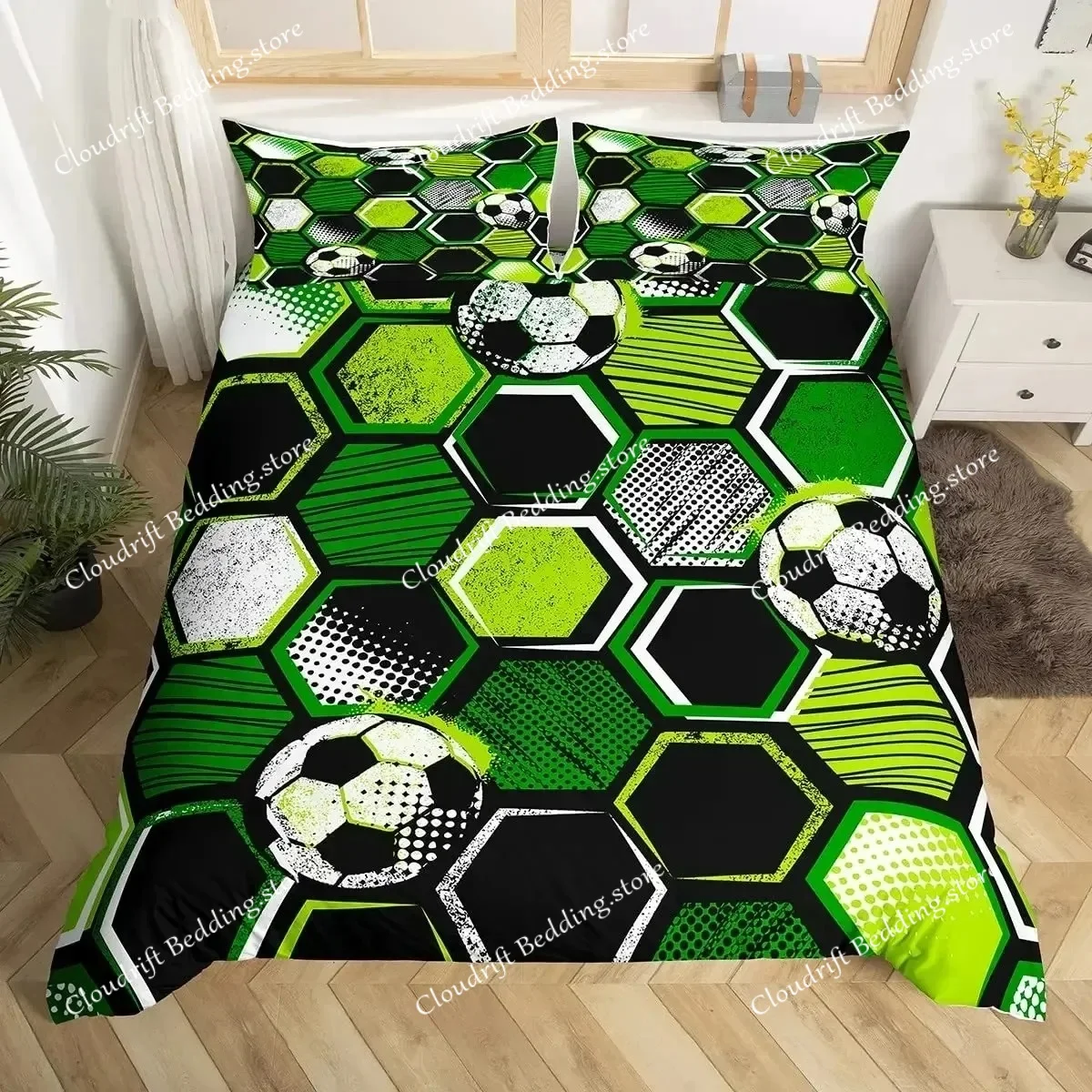 3D Honeycomb Duvet Cover Set Queen Size Geometry Hexagon Theme with Neon Lights Chic Comforter Bedding Set for Boys Teen Man