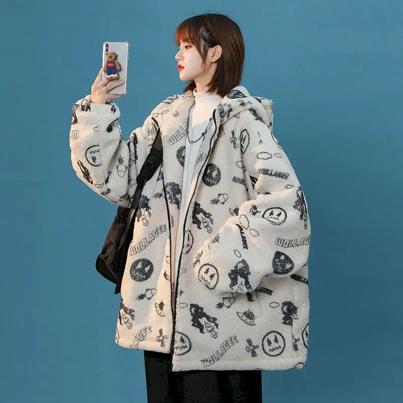 Vintage Bear Fashion Trend Hoodies Lamb Wool Winter Hooded Coat Women Niche Design Japanese Warm Jacket Popular Kawaii Clothes