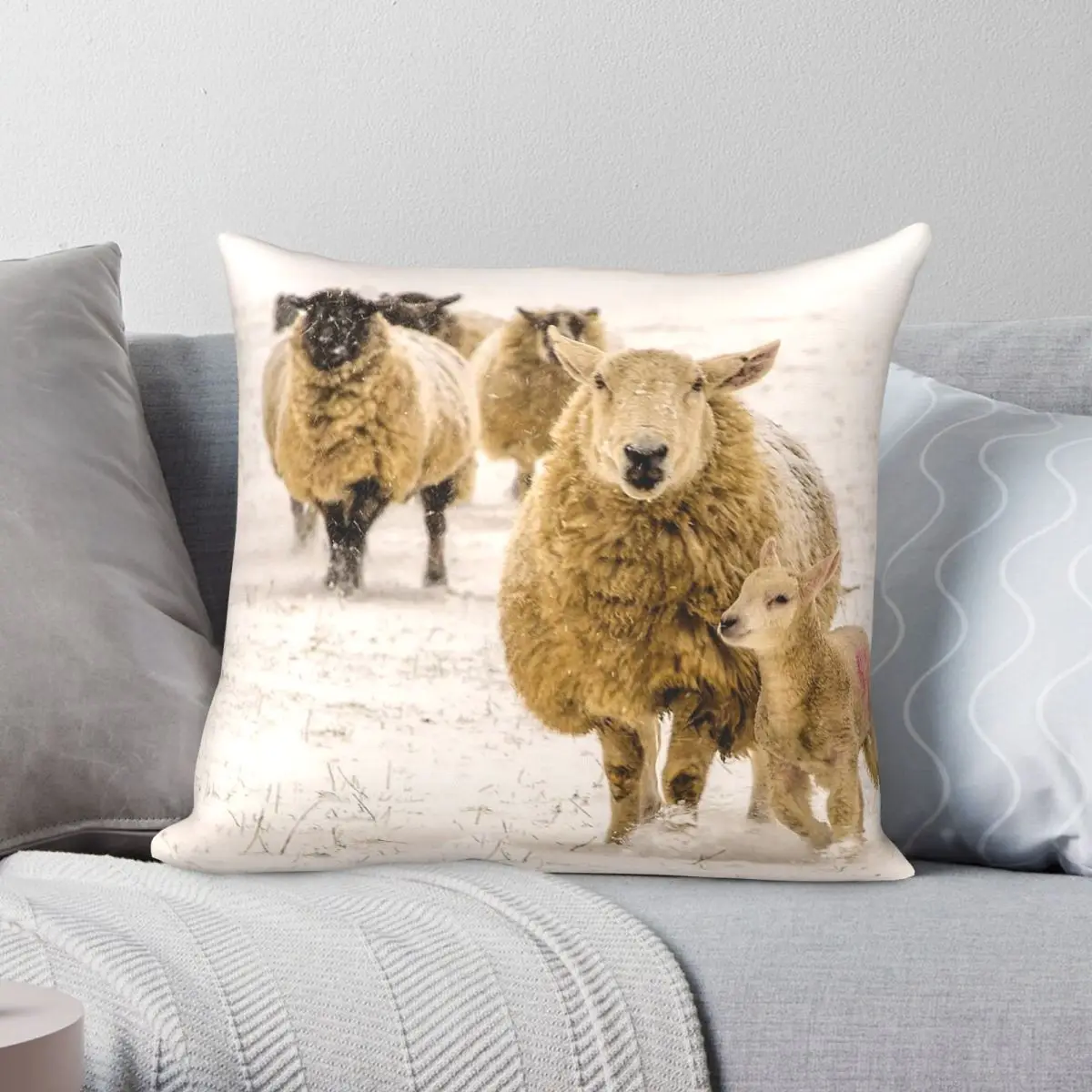 Sheep Lambs Winter Snow Square Pillowcase Polyester Linen Velvet Printed Zip Decor Throw Pillow Case Sofa Seater Cushion 45x45