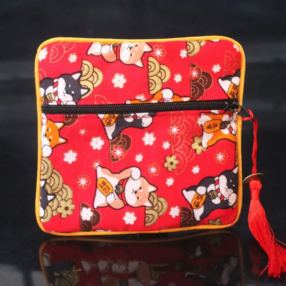 Cloth Chinese Style Coin Pouch Maneki Neko Tassel Cloth Wallet Embroidered Jewelry Case Copper Cash Pendant Jewelry Storage Bag