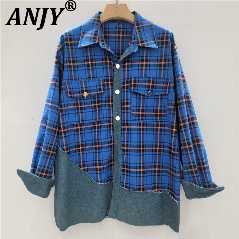 

ANJY Autumn New Women Tide Punk Irregular Denim Shirt Patchwork Plaids Frayed Pocket Vintage Niche Design Long Sleeve Tops A8145