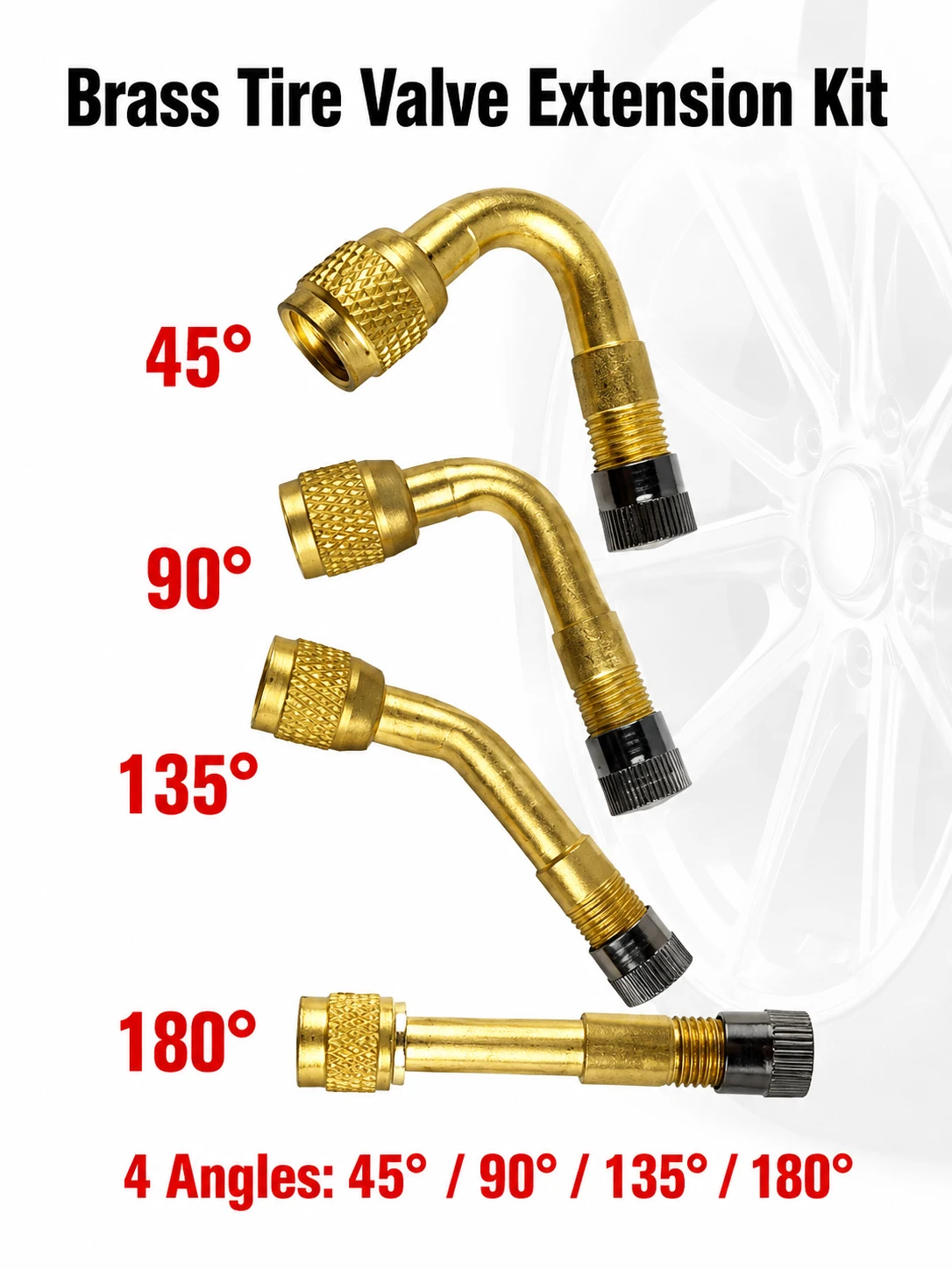 Brass Tire Valve Extension Adapter Kit 45° 90° 135° 180° for Car Truck Motorcycle Bike Schrader Valve