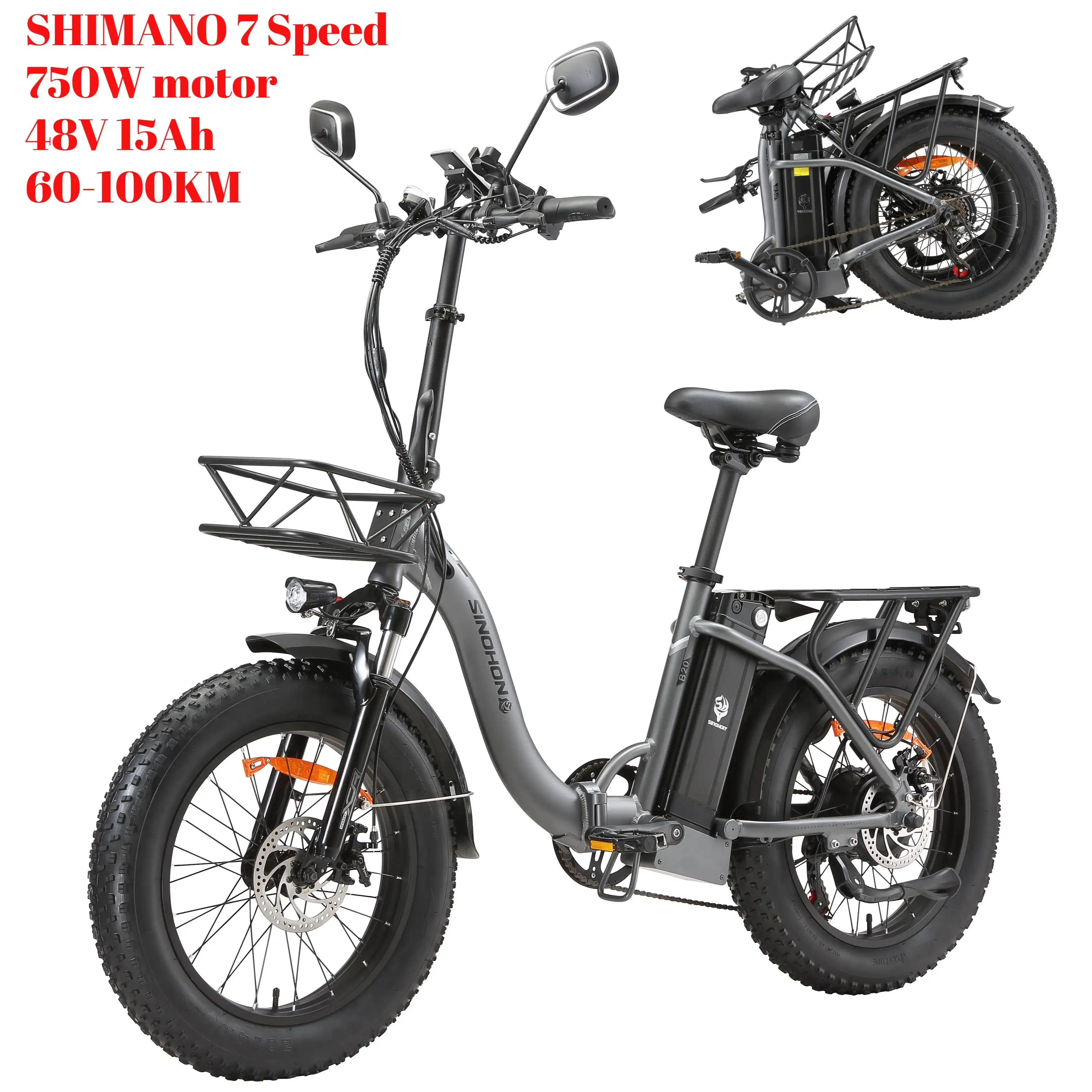Bici elettrica pieghevole B20 750W, batteria rimovibile 48V 15Ah, SHIMANO 7 velocità, impermeabile IP65, pneumatici grassi 20x4.0, velocità 45 km/hMax