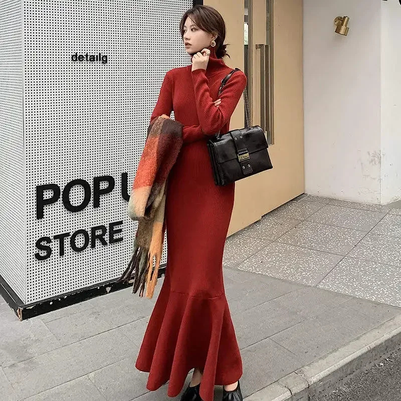 

Autumn Winter Super Long Slim Turtleneck Sweater Dress Women Long Sleeve Plus Velvet Thick Pullover Knit Dresses For Women C6906