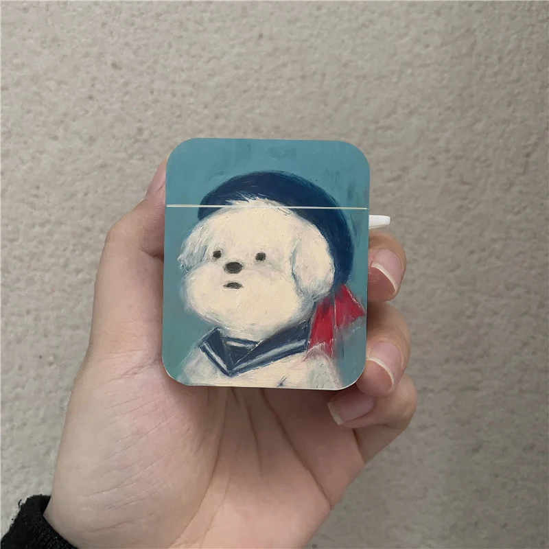 Cute Oil Painting Dog Earphone Case For Apple AirPods 4 3rd 2 Pro3 Shockproof Hard Cover For Airpod 1 3 Protective Shell Fundas