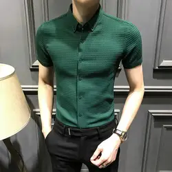 Business Casual Men Shirts Summer New Lapel Solid Waffler Single Breasted Korean Fashion Office Social Short Sleeve Slim Tops