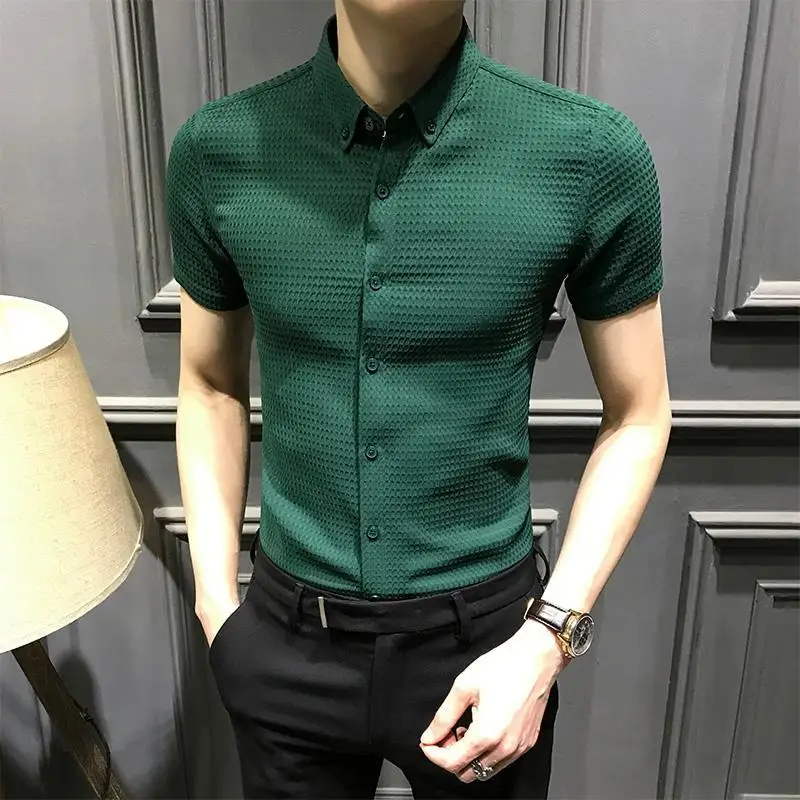 Business Casual Men Shirts Summer New Lapel Solid Waffler Single Breasted Korean Fashion Office Social Short Sleeve Slim Tops