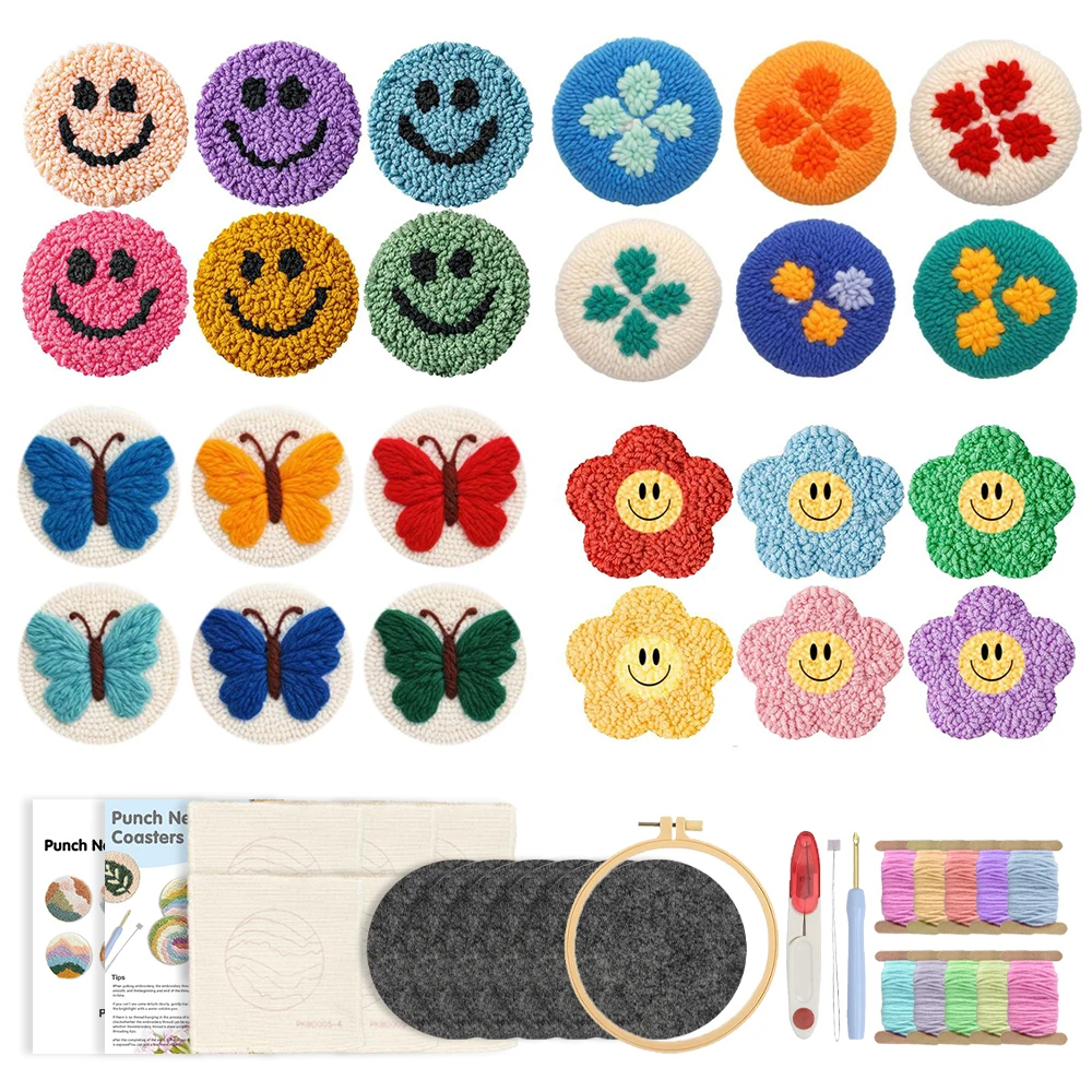 6 Pcs Smiling Face Pattern Punch Needle Embroidery Coaster Kit For Beginners Punch Needle Embroidery Gift Tufting Coasters