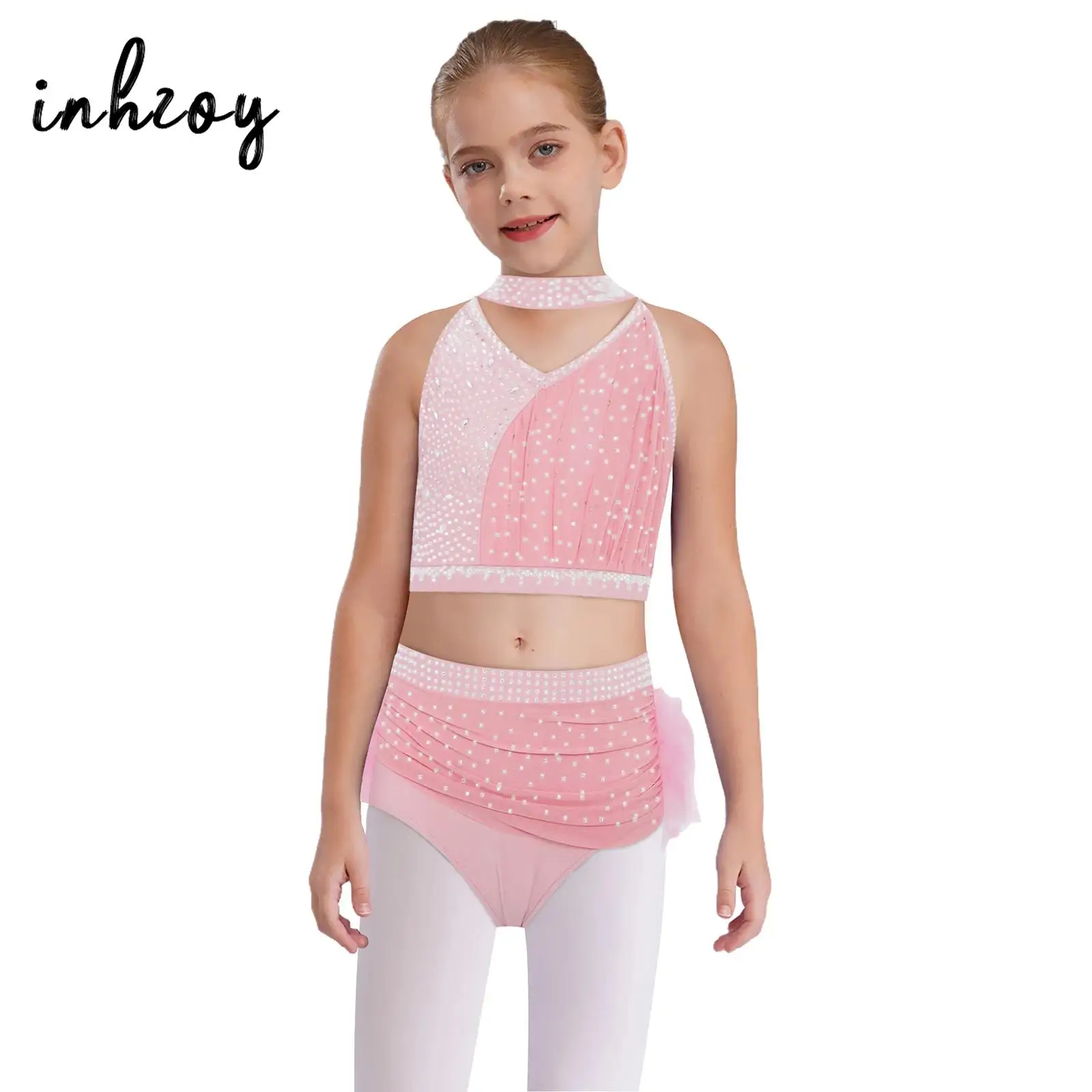 

Girls Dance Show Outfit Cross Back Color Block Sparkly Rhinestones Ruched Crop Top with Elastic Waistband Feather Briefs Skirt