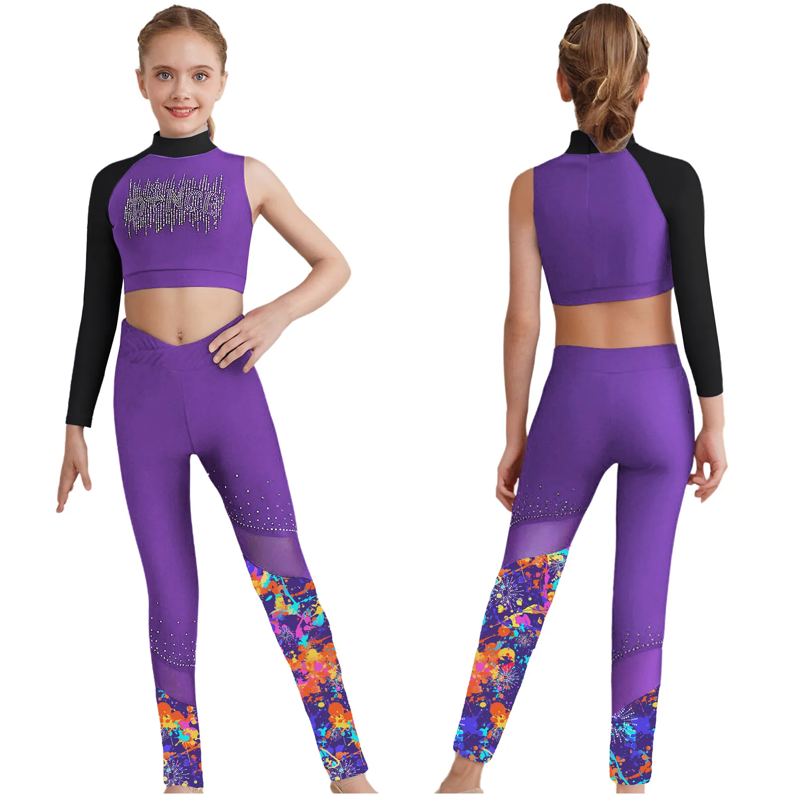 

Kids Girls Shiny Rhinestones Figure Skating Dance Gymnastics Crop Top with Athletic Leggings Acrobatics Yoga Workout Sportswear