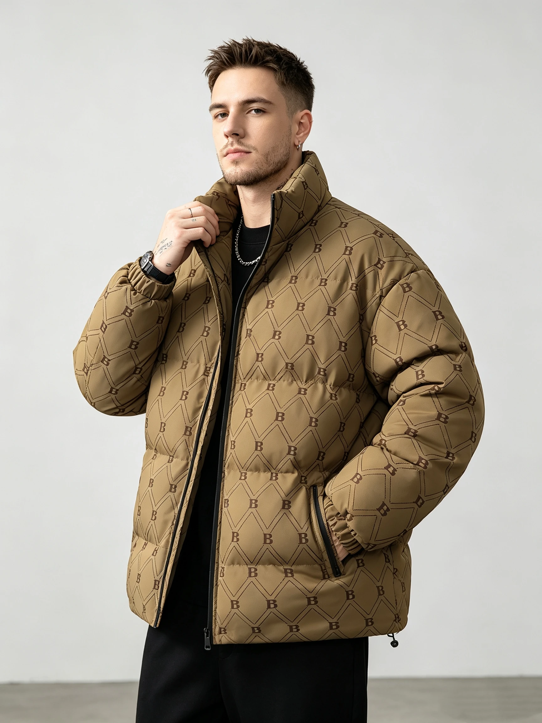 Men's Graphene Thermal Cotton Jacket Stand Collar Letter Print Winter Warm Loose Puffer Coat