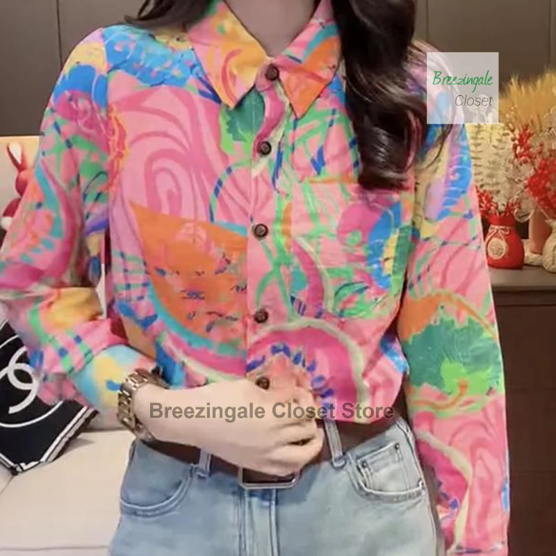 French fashion color printing long-sleeved shirt women's summer new fashion design sense temperament plus size loose Joker top.