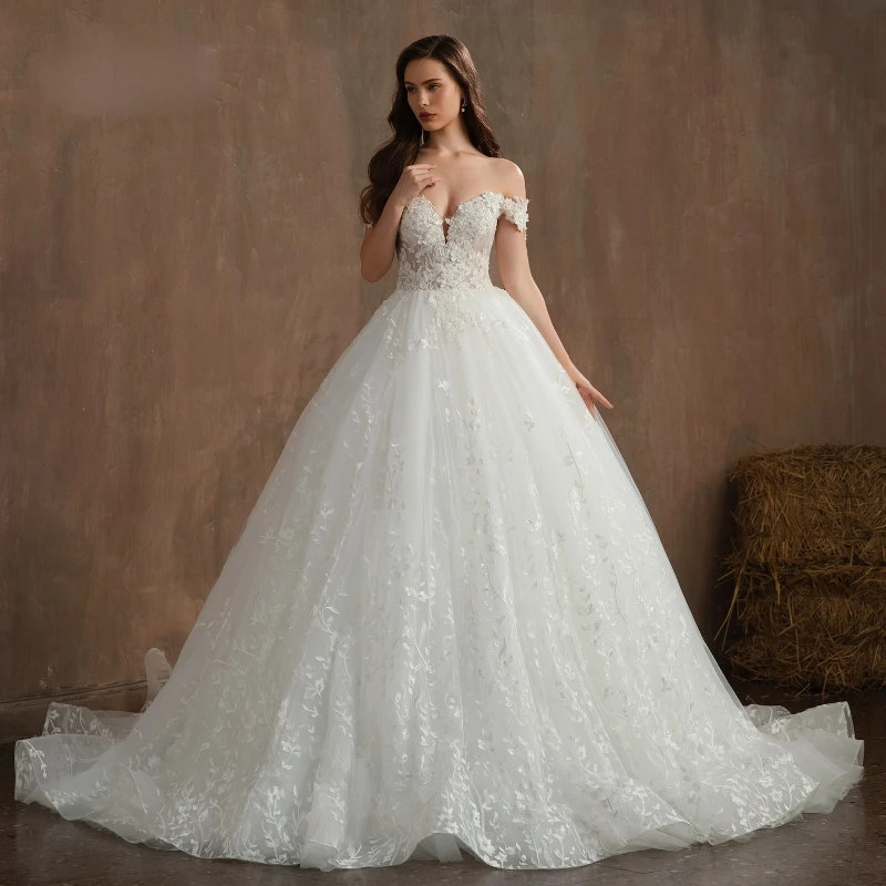

2026 Costomized Plus Size Glitter Princess Sweetheart Neck Wedding Dresses Lace Mesh Women Off Shoulder Ivory Bride Bridal Gown
