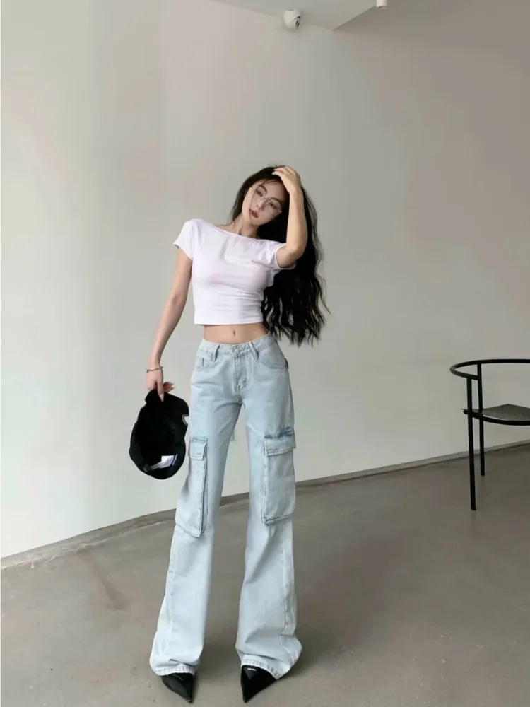 

Retro Light Denim Overalls Summer Loose Fitting Straight Leg Pants Low Waisted Spicy Girl Wide Leg Mop Pants Women's Jeans