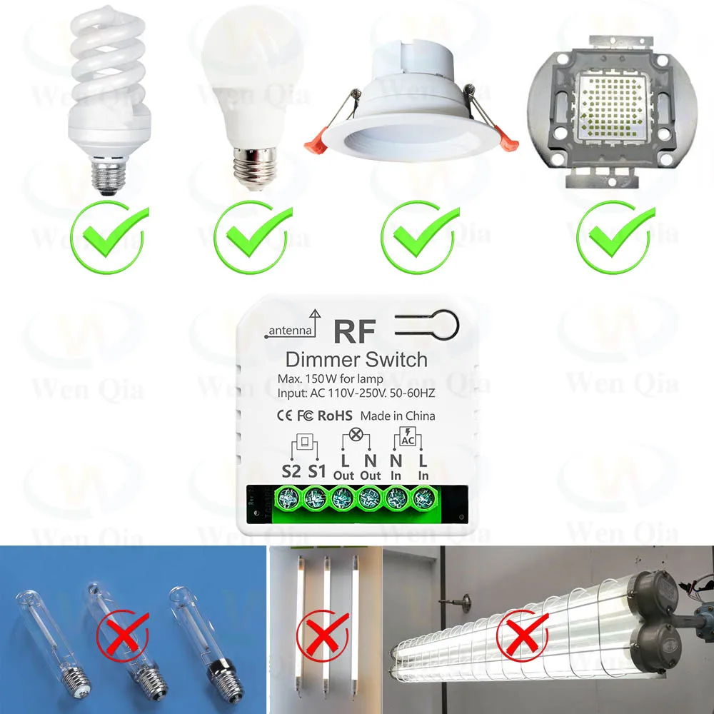 Wenqia RF 433MHz LED Lamp Light Dimmer Switch Brightness Remote Controller Module Support 2 Way AC 110V 240V 150W Mini Receiver