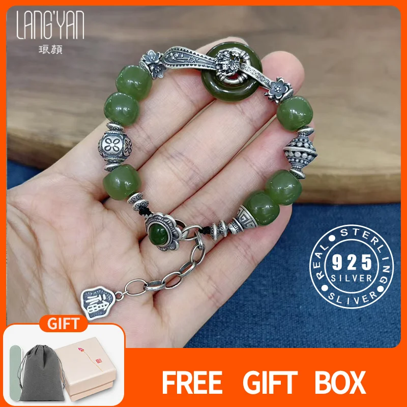 

Langyan Natural Nephrite Beaded Bracelet 925 Sterling Silver Chinese Ruyi Scepter Bracelet Good Luck Charm Jewelry Gift SL189